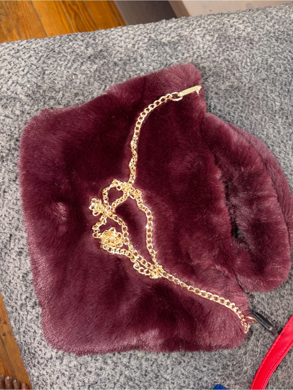 Plush Faux Fur Shoulder Bag in Burgundy with Gold Chain